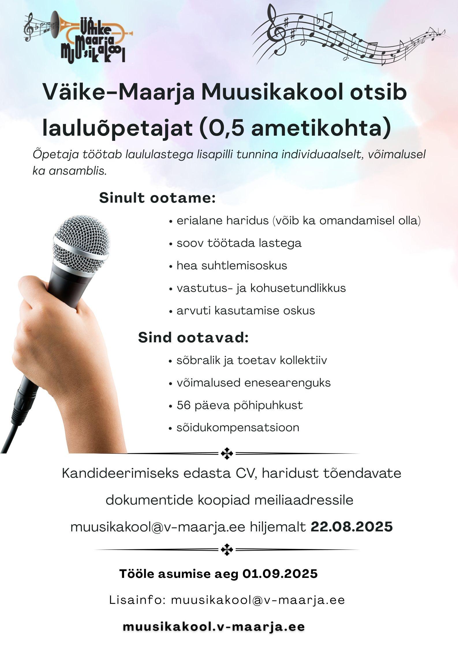 Väike-Maarja Muusikakool otsib lauluõpetajat 0,5 ametikohta