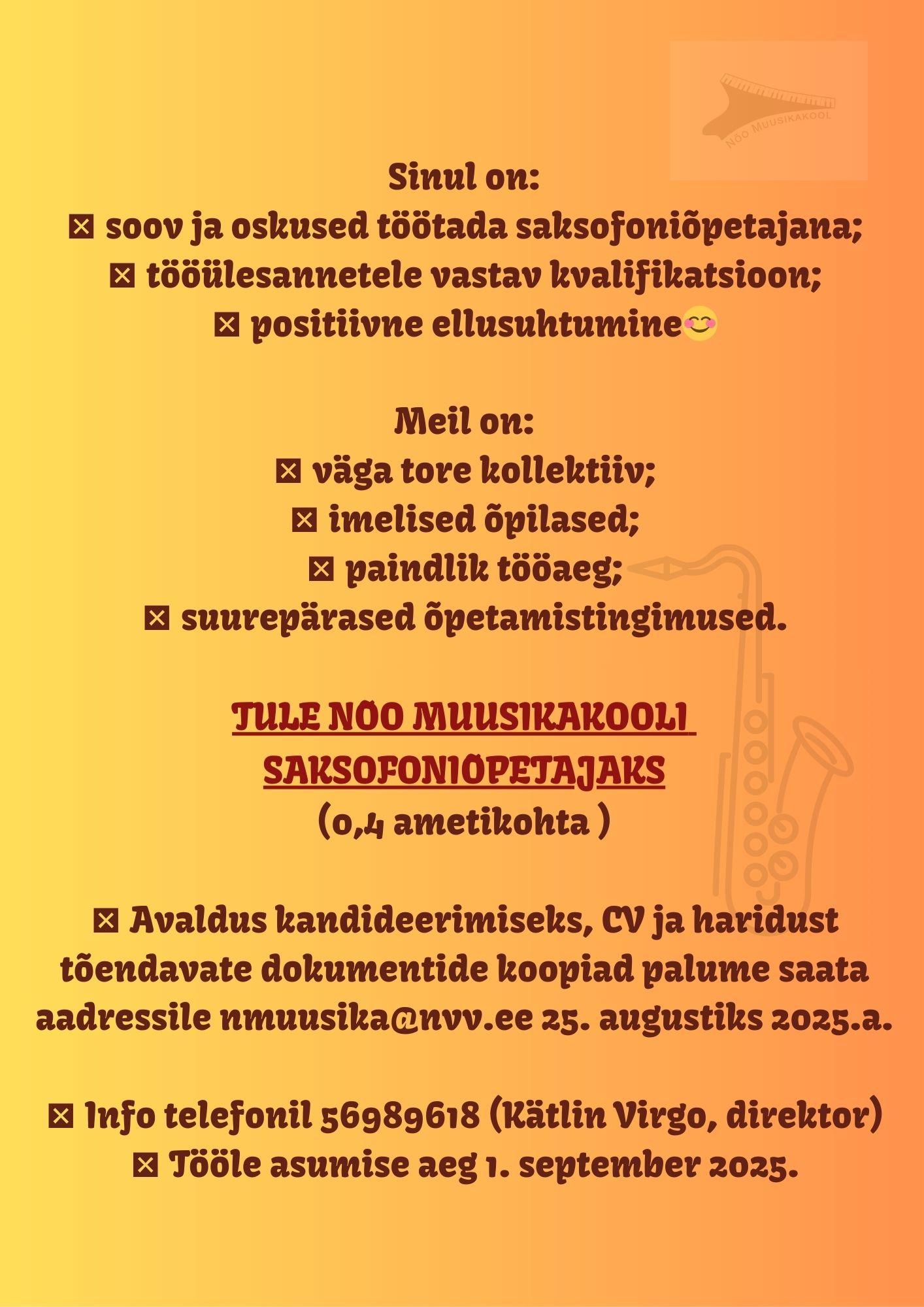 Tule tööle Nõo Muusikakooli!