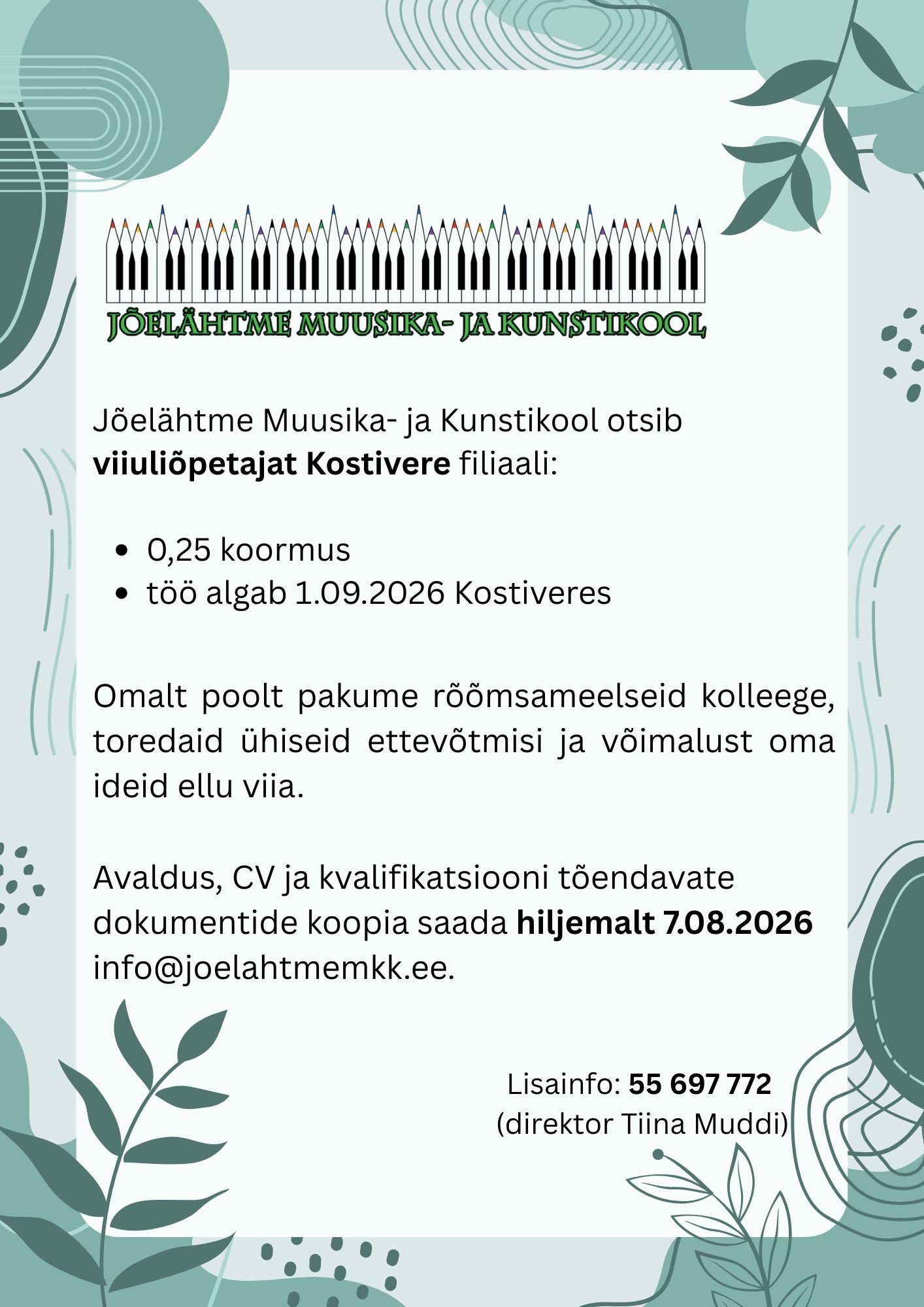 Kostivere filiaali viiuliõpetaja töökuulutus