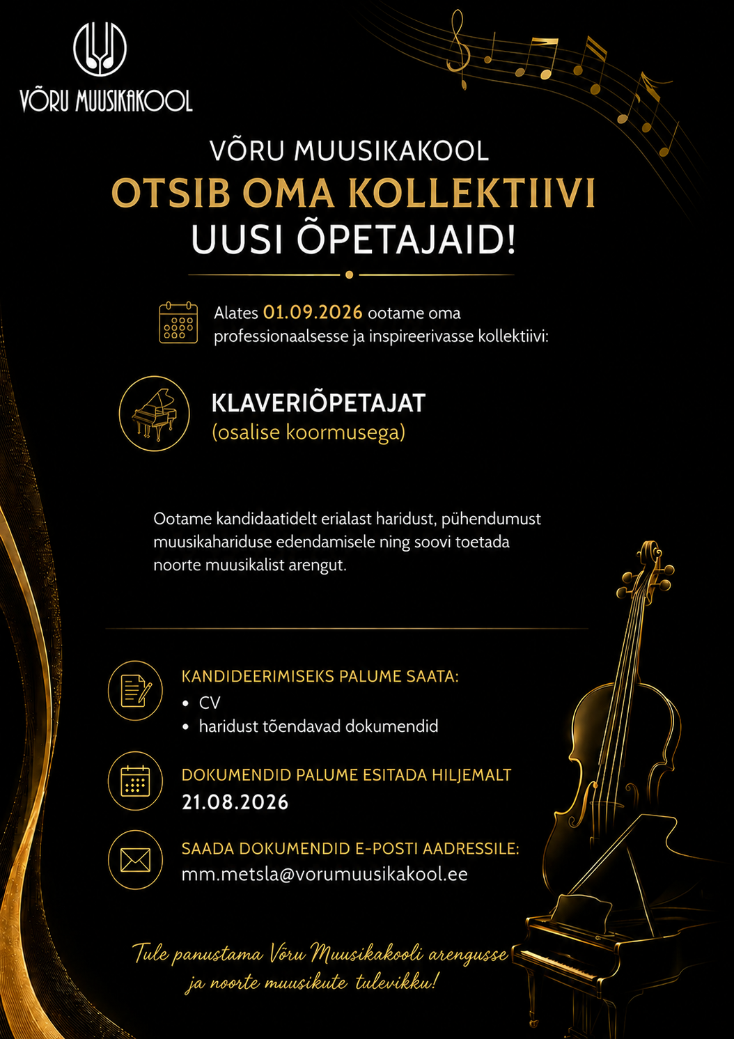 Võru Muusikakool otsib klaveriõpetajat